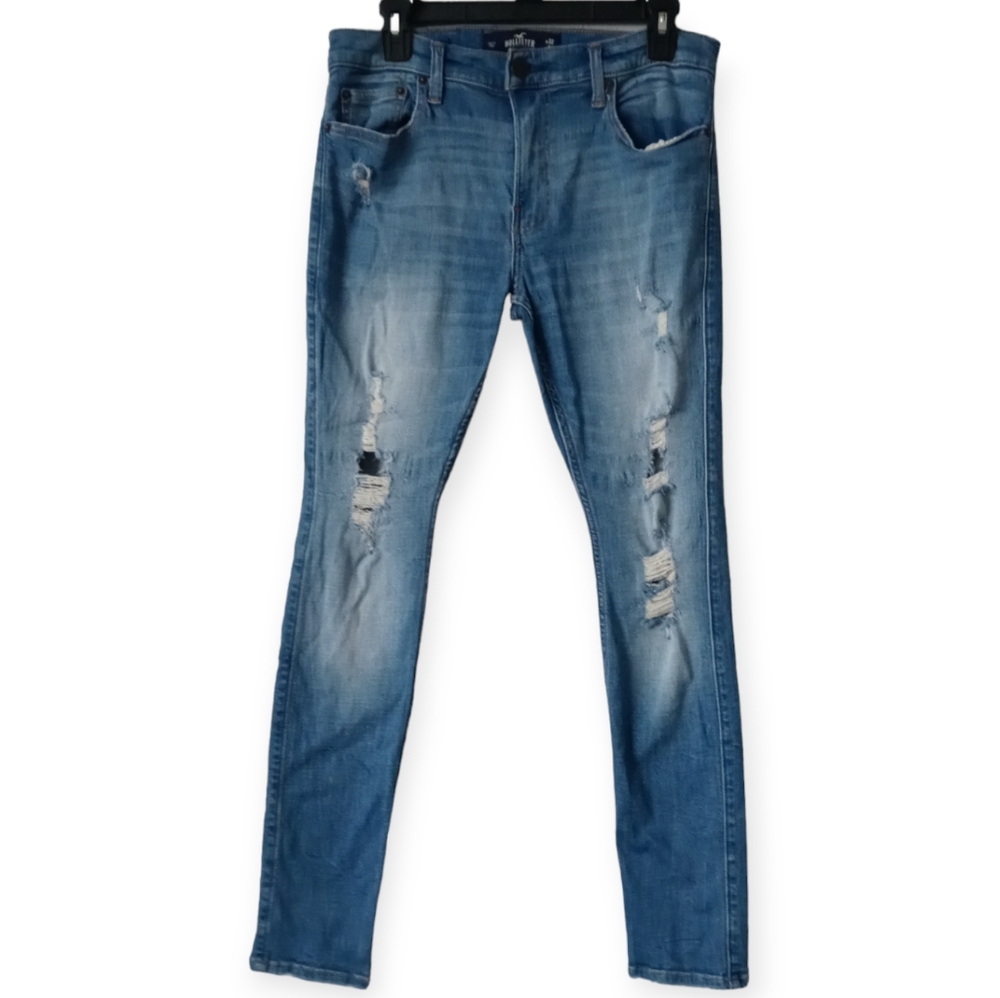 HOLLISTER MEN'S RIPPED LIGHT WASH BLUE  STRETCH SKINNY JEANS.SIZE W32 /L30